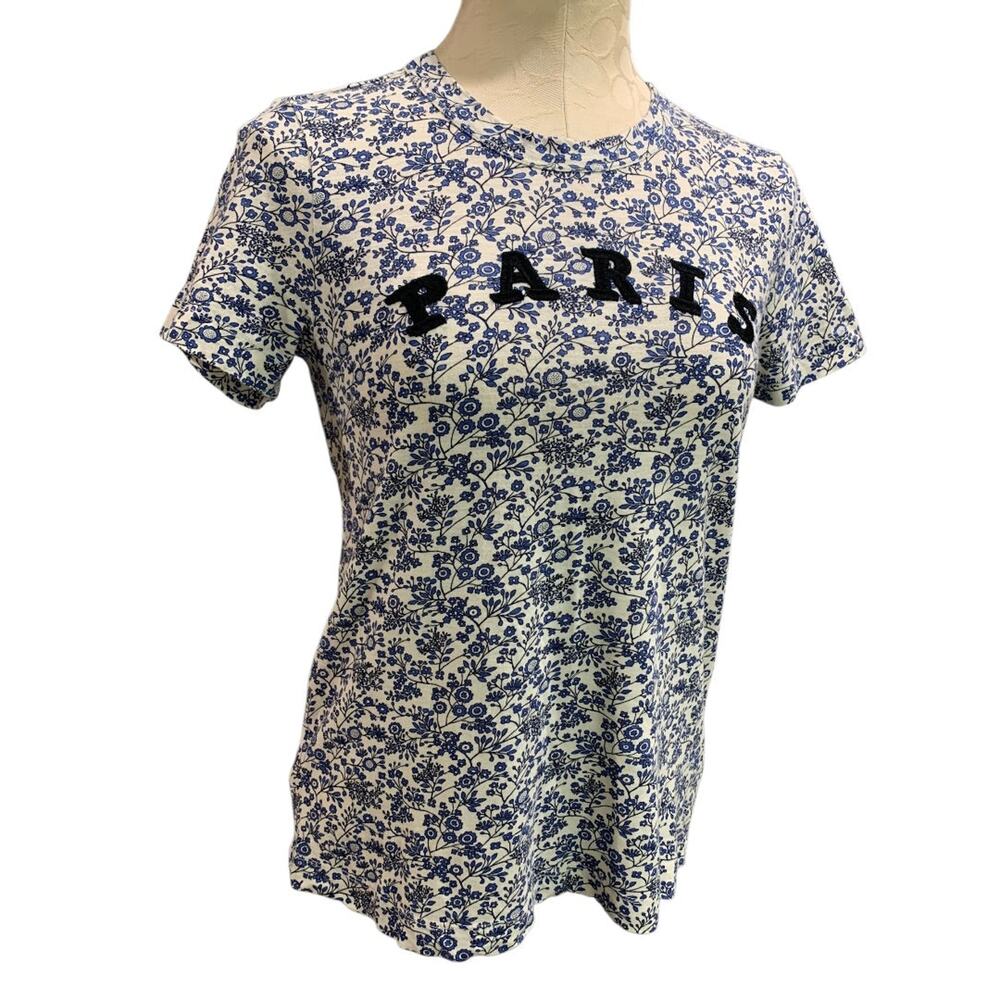 XS Loft Womens Tshirt Floral Embroidered Paris Blue